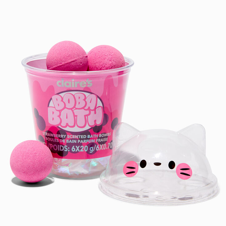 Pink Cat Strawberry Boba Bath Bomb Set - 6 Pack,