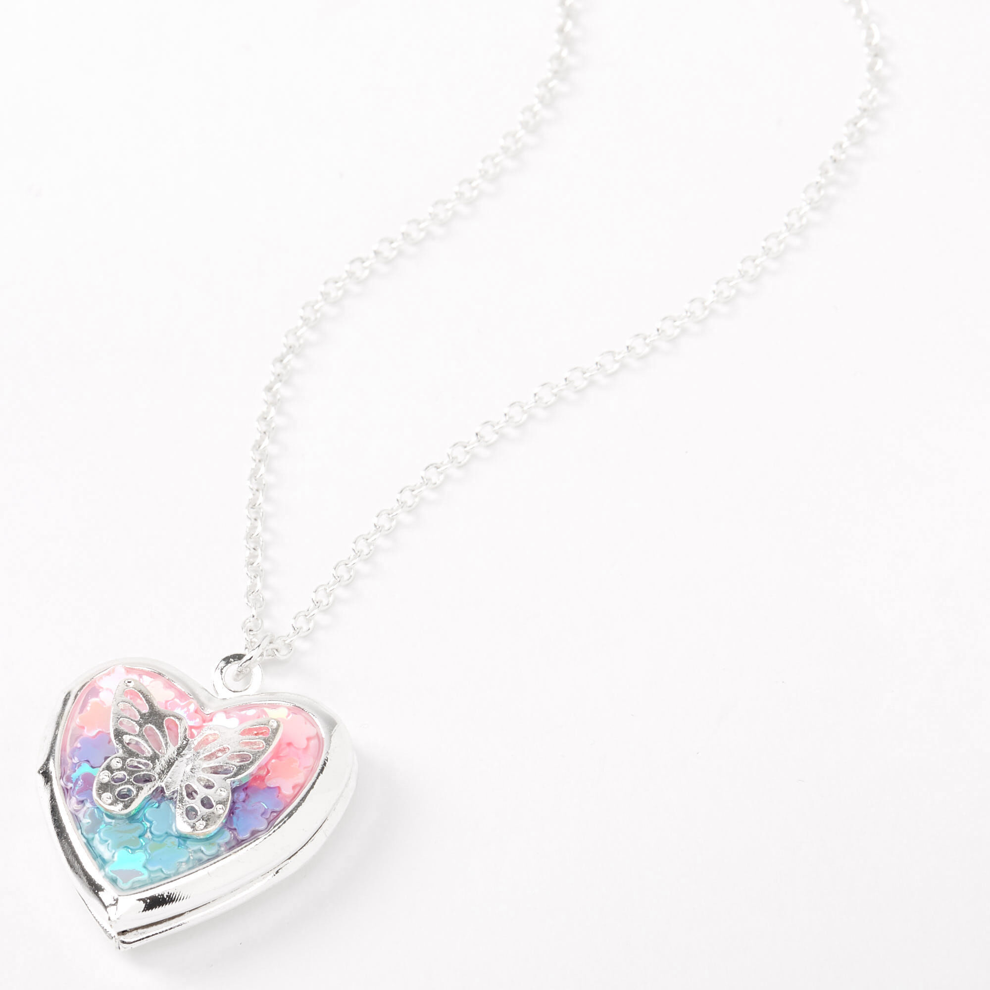 View Claires Tone Rainbow Butterfly Heart Locket Pendant Necklace Silver information