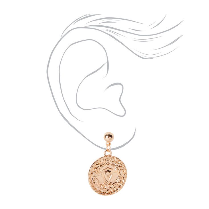 Gold 1&quot; Embossed Coin Drop Earrings,