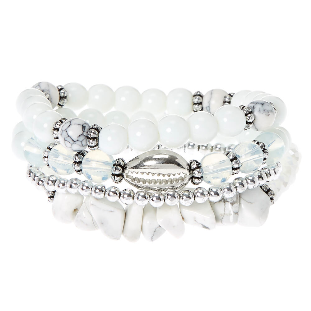 Howlite Bead Stretch Bracelets - White, 4 Pack,