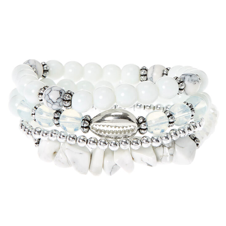 Howlite Bead Stretch Bracelets - White, 4 Pack,