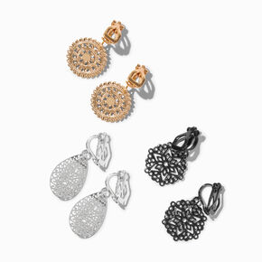 Mixed Metal Delicate Filigree 1&quot; Clip-On Drop Earrings -  3 Pack ,