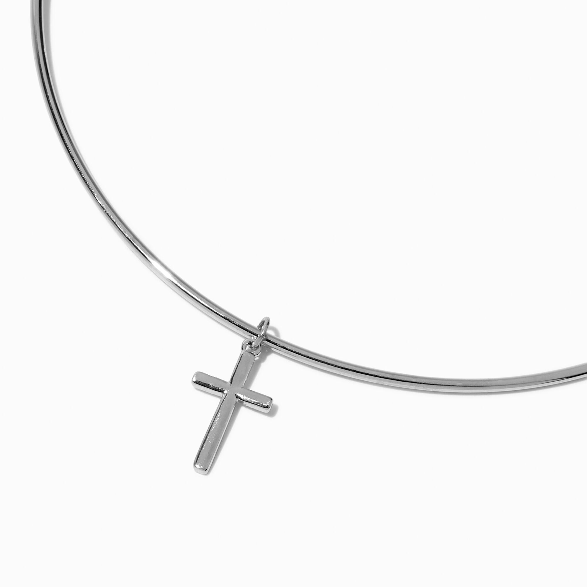 View Claires Tone Cross Pendant Thin Collar Necklace Silver information
