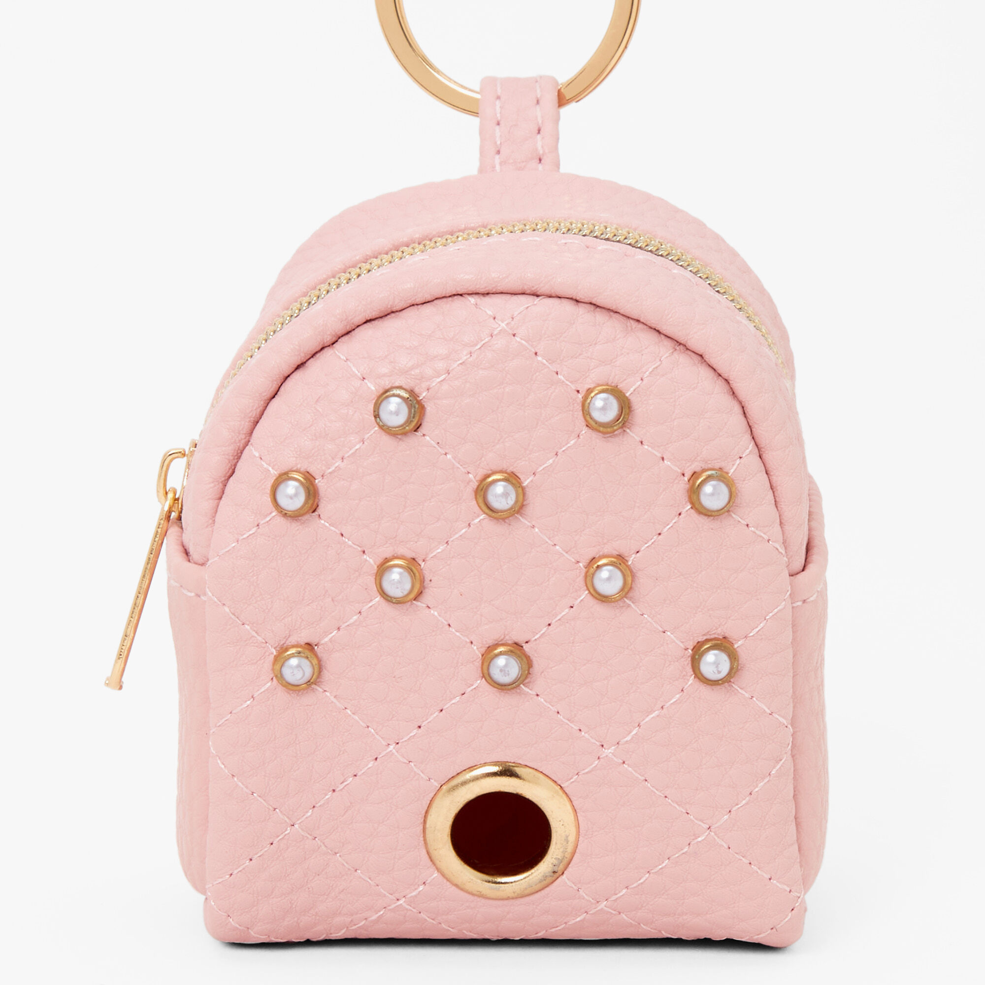 Porte-clés distributeur de sacs à déjections canines rose avec perles d’imitation incrustées,