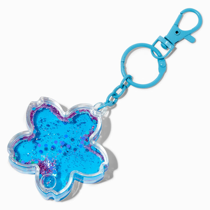 Blue Daisy Flower Water-Filled Glitter Keychain,