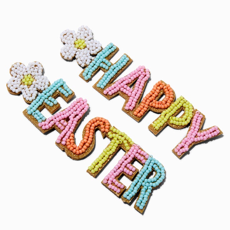 "Happy Easter" Bright Beaded 4" Drop Earrings