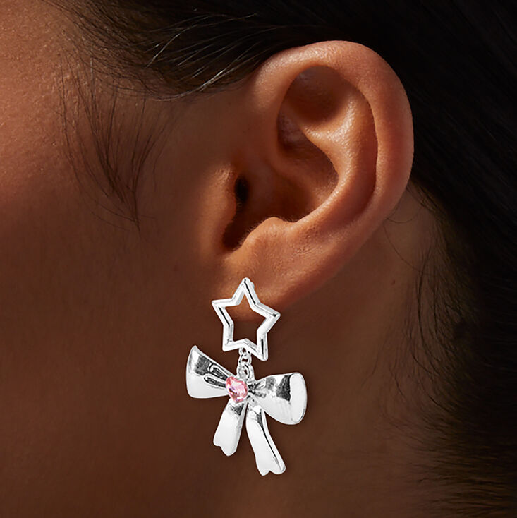 Silver-tone Bow, Pink Heart &amp; Star Drop  Earrings,
