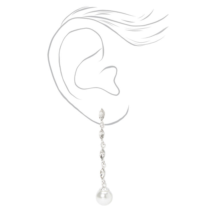 Silver 2&quot; Crystal and Pearl Linear Drop Earrings,