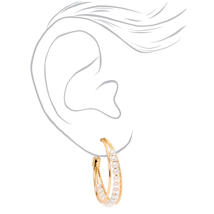 Gold 30MM Pearl Triple Hoop Earrings,