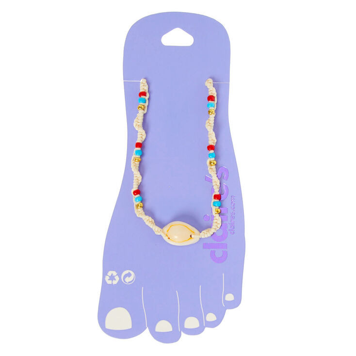 Blue, Red, &amp; Gold Beaded Hemp Cowrie Shell Anklet,