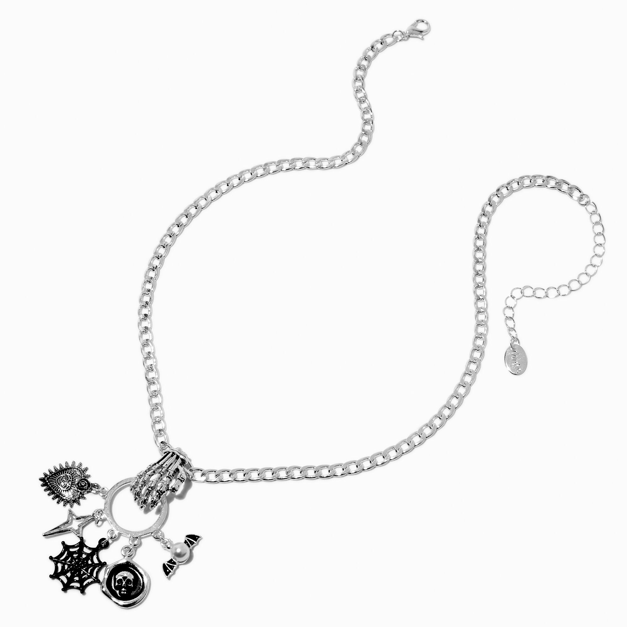 Silver-tone Skeleton Hand Halloween Charm Pendant Necklace,