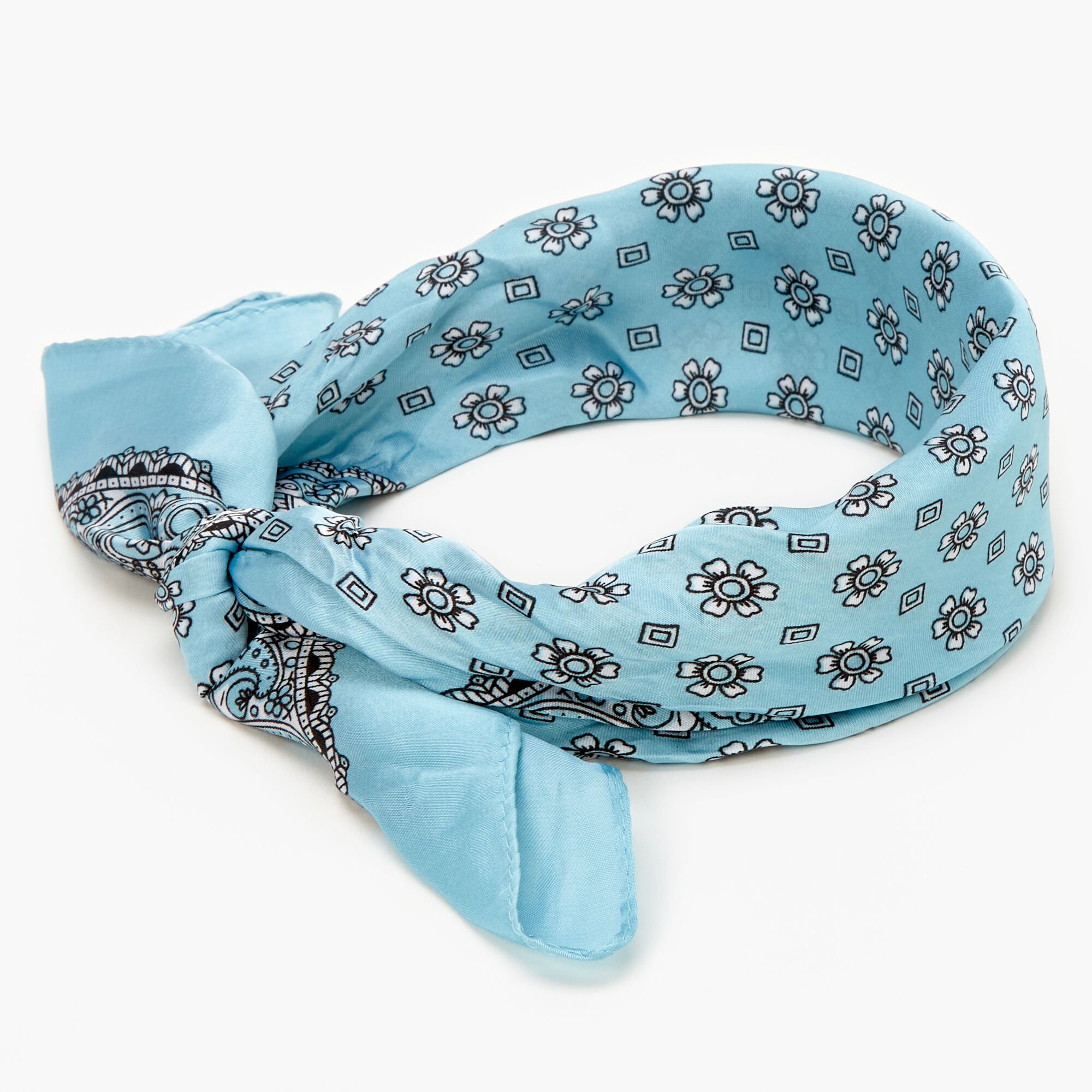 View Claires Floral Paisley Silky Bandana Headwrap Sky Blue information