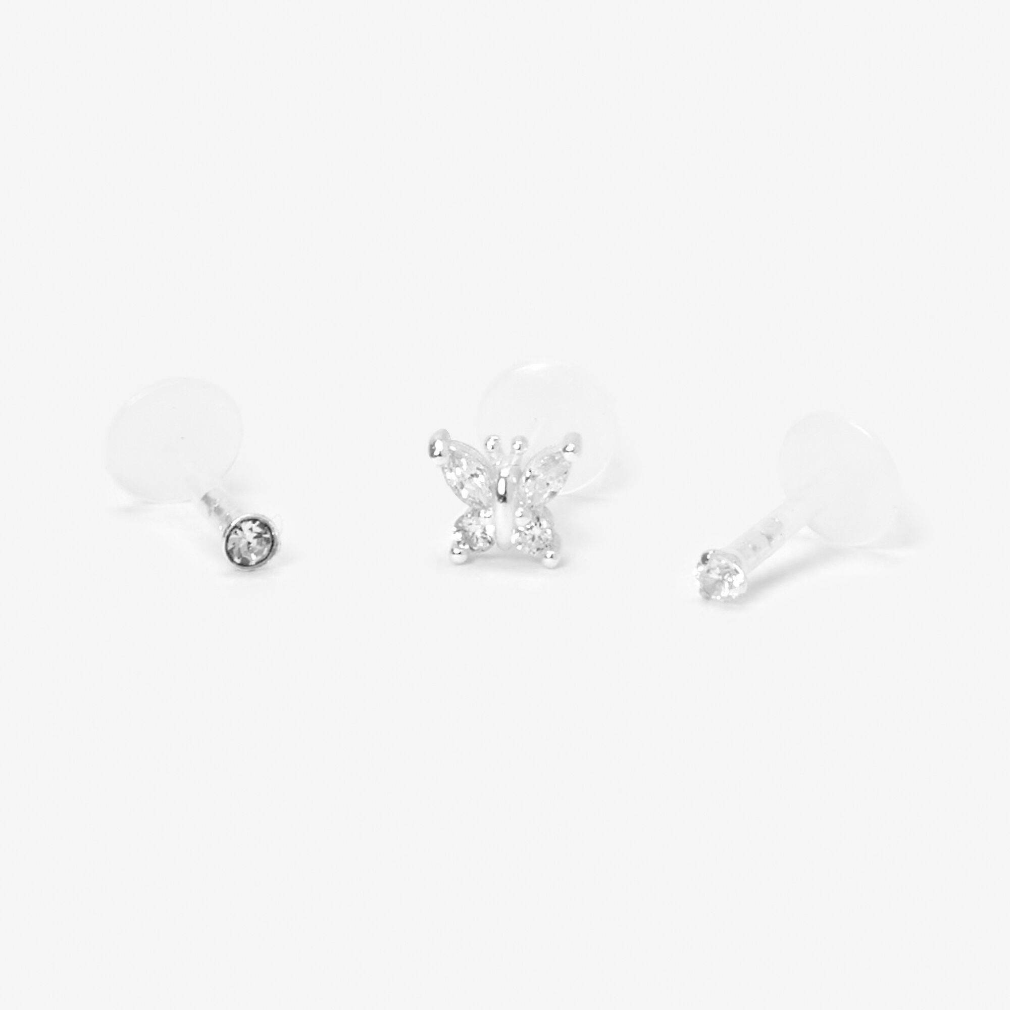 Sterling Silver Bio Flex Crystal Butterfly Cartilage Studs (3 Pack),