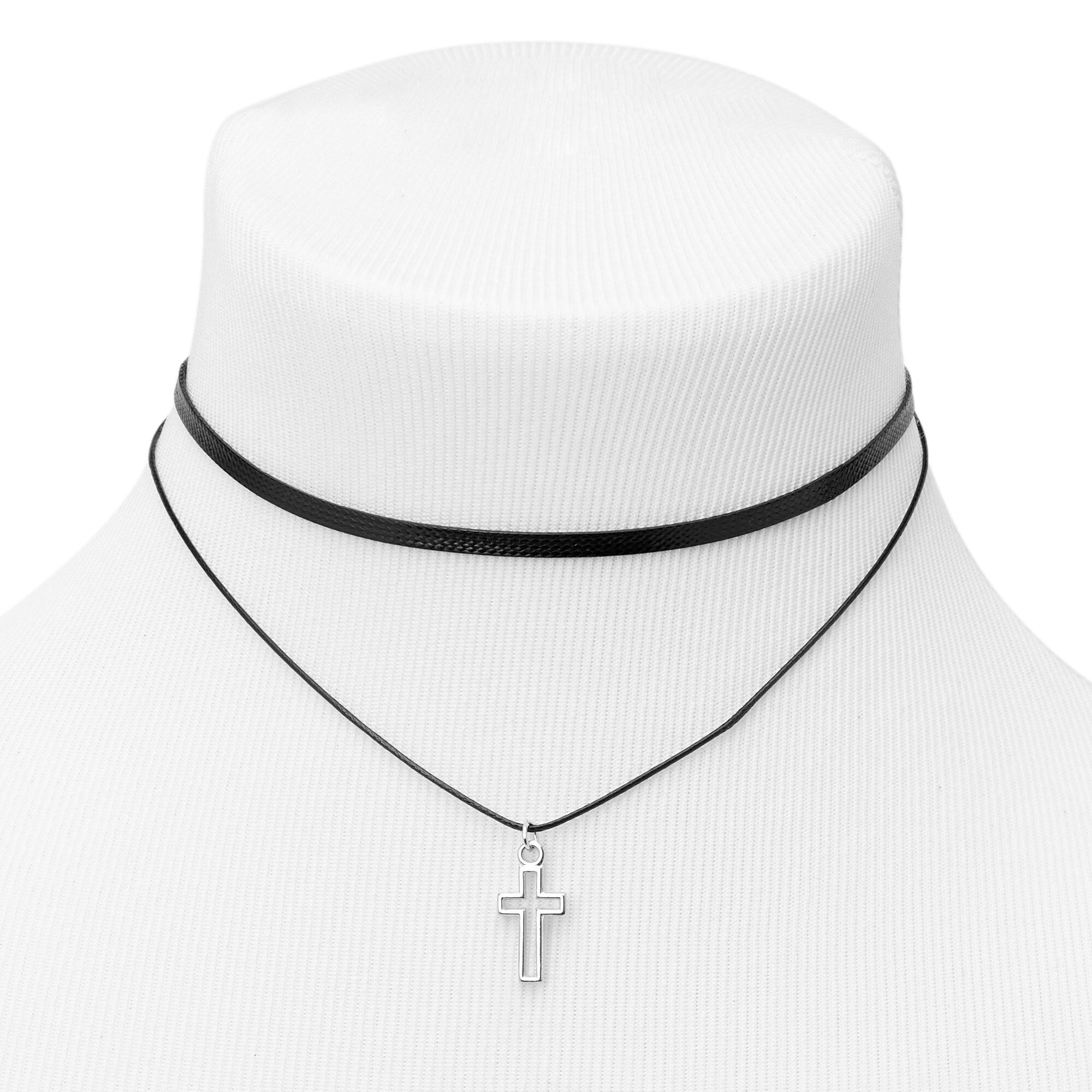 Silver-tone Cross Outline Multi-Strand Choker Necklace,