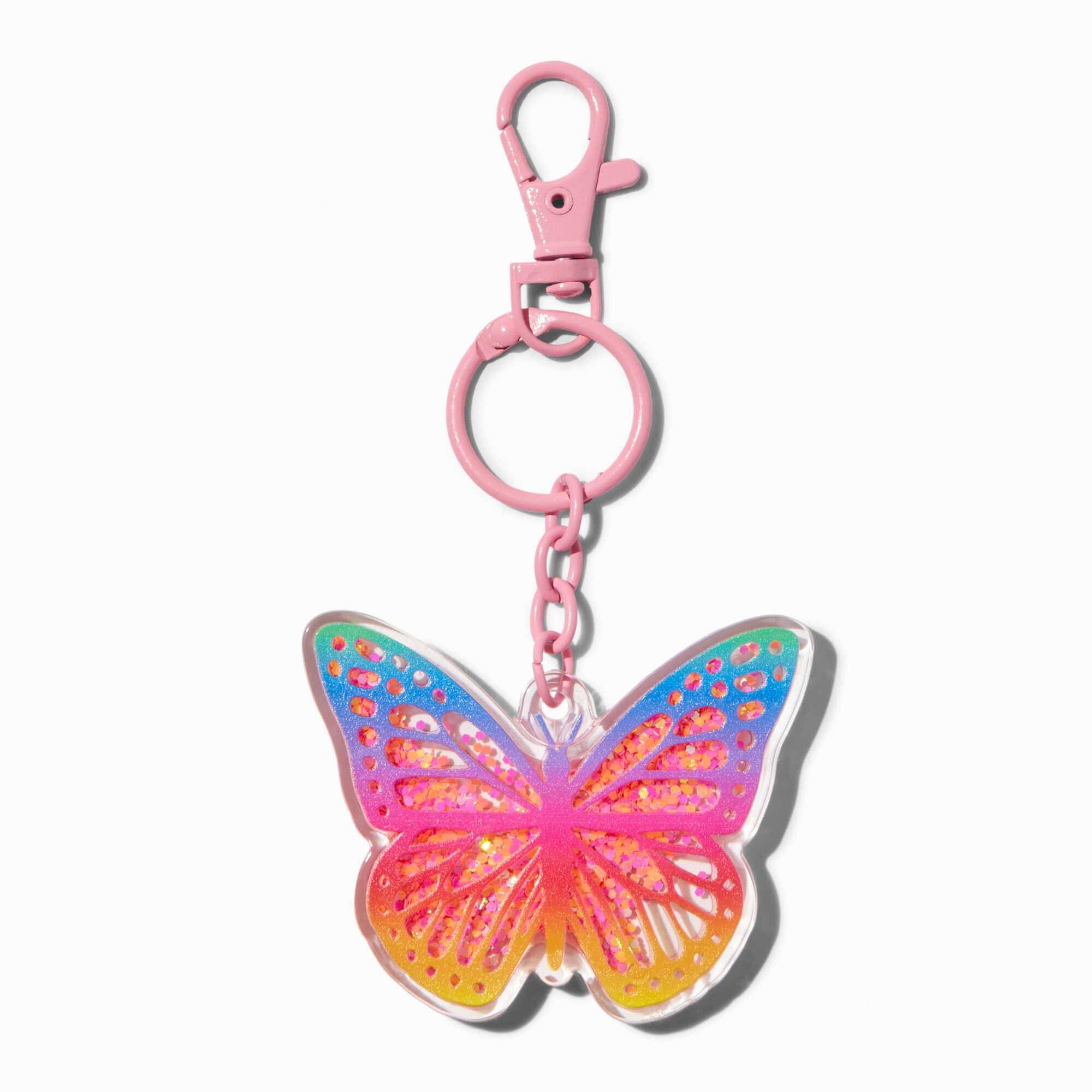 View Claires Butterfly WaterFilled Glitter Keyring Rainbow information