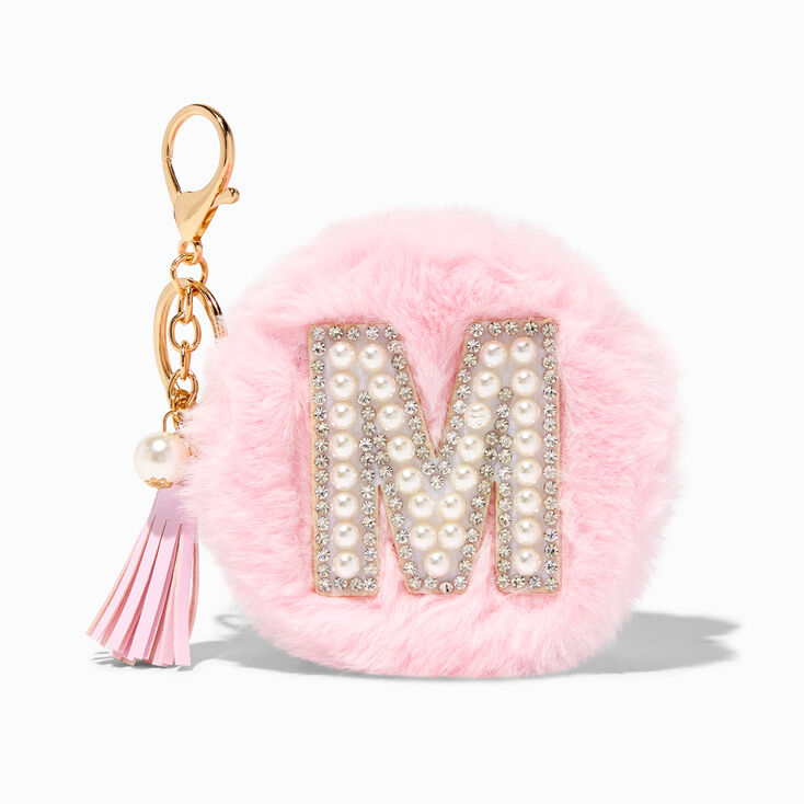Pink Furry Pearl Initial Coin Purse Keychain - M,