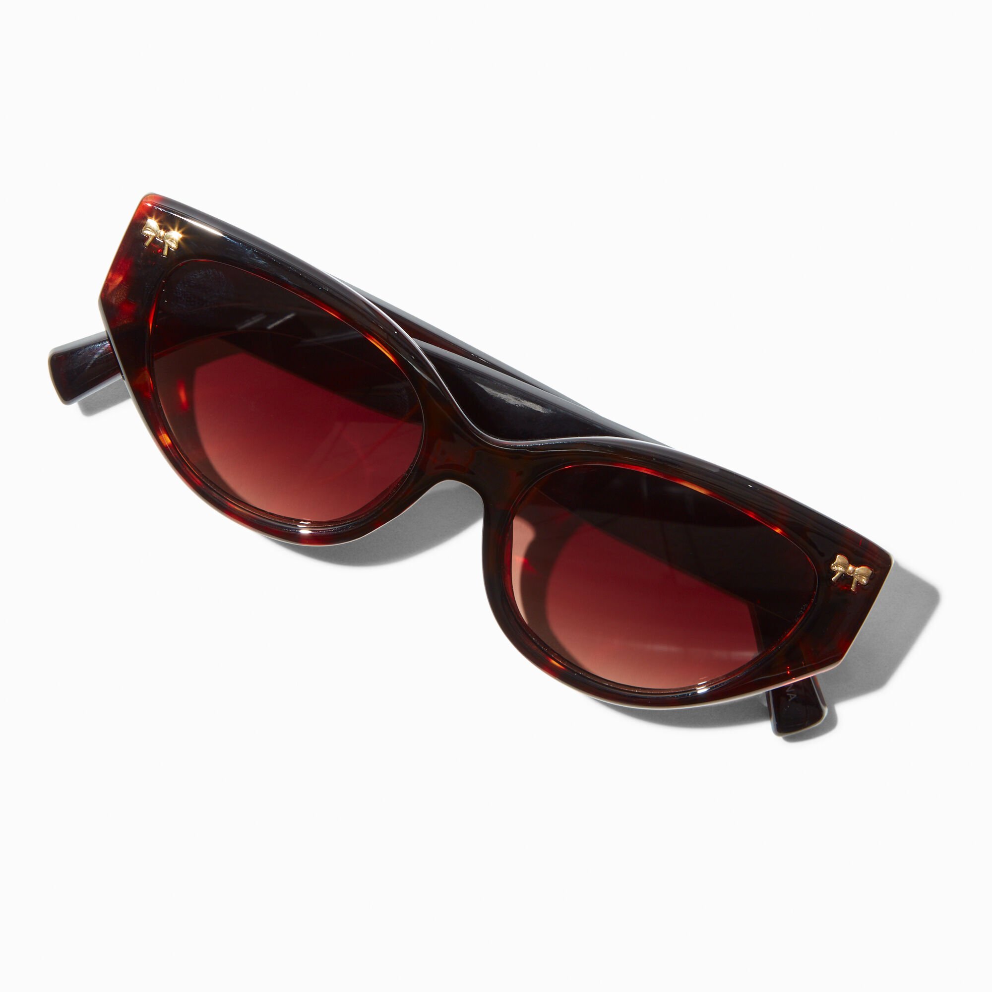 Gold Bow Studded Brown Tortoiseshell Retro Sunglasses,