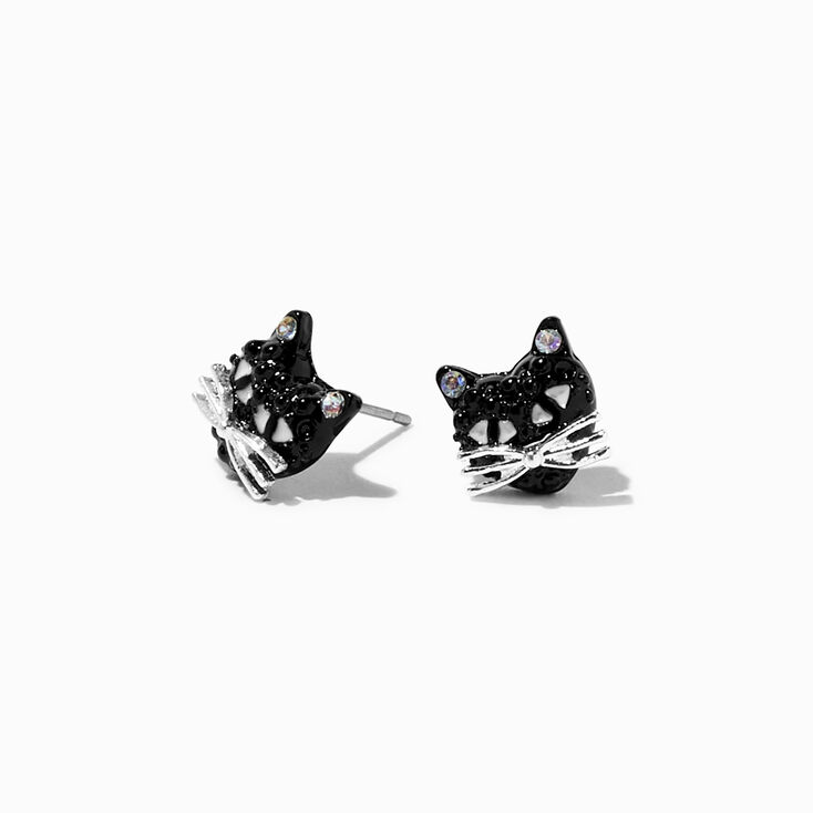 Black Crystal Cat Stud Earrings ,
