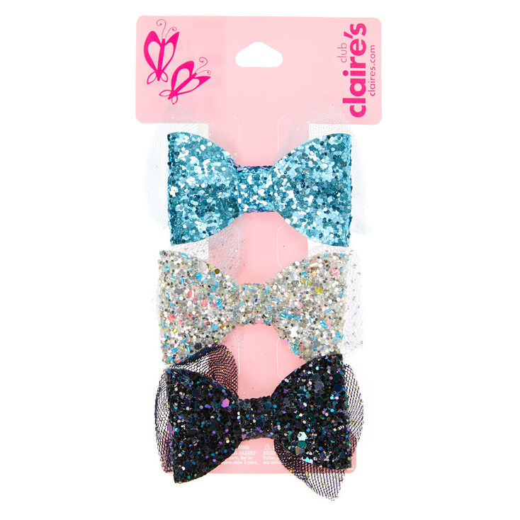 Claire&#39;s Club Glitter Hair Bow Clips - Blue, 3 Pack,