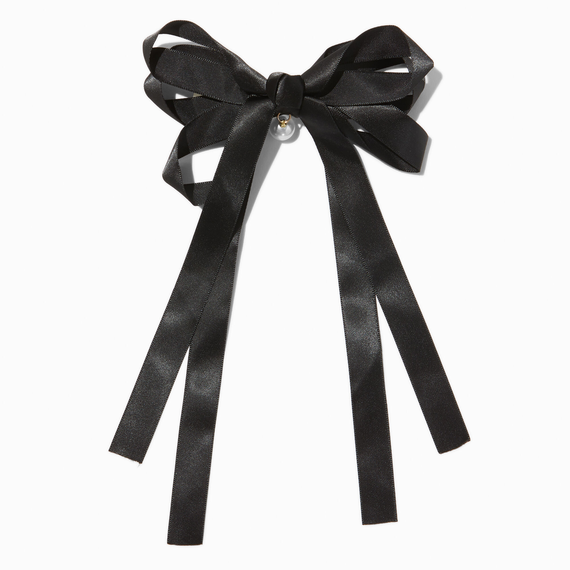 View Claires Satin Pearl Long Tail Bow Hair Clip Black information