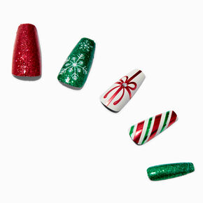 Holiday Stripes &amp; Glitter Squareletto Press-On Faux Nail Set - 24 Pack,