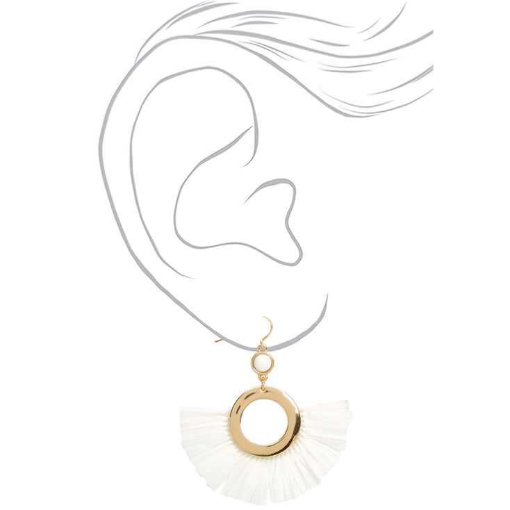 Gold 2&quot; Beaded Circle Fan Drop Earrings - White,