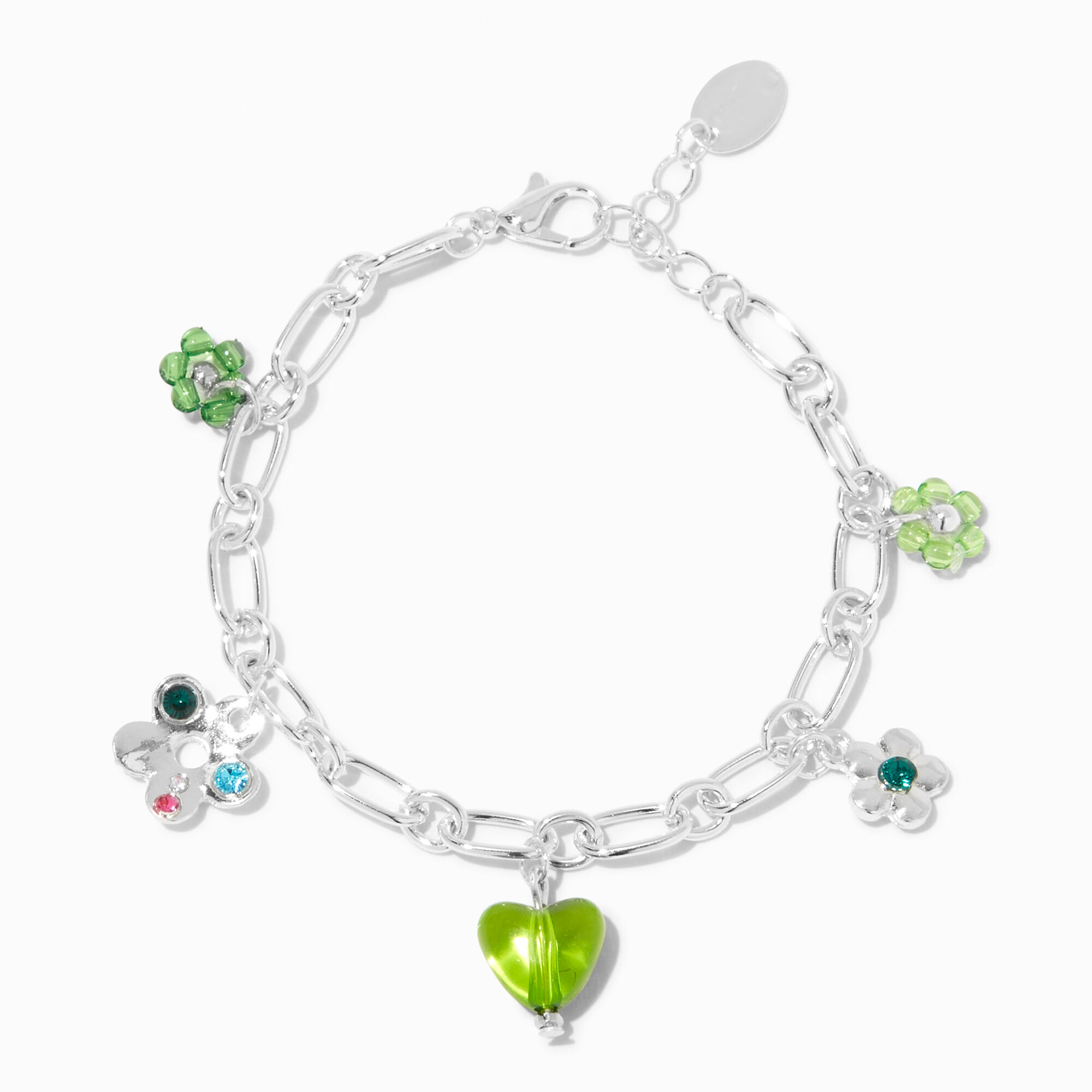 View Claires Flower Heart SilverTone Charm Bracelet Green information