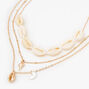 Gold Cowrie Shell Shark Tooth Multi Strand Necklace,