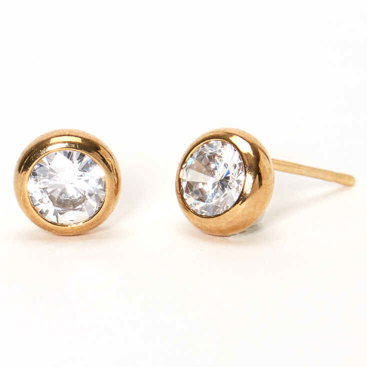 18ct Gold Plated Cubic Zirconia Round Bezel Stud Earrings - 7MM,