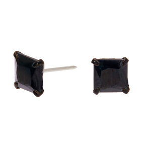 Sterling Silver Cubic Zirconia Square Stud Earrings - Black, 5MM,