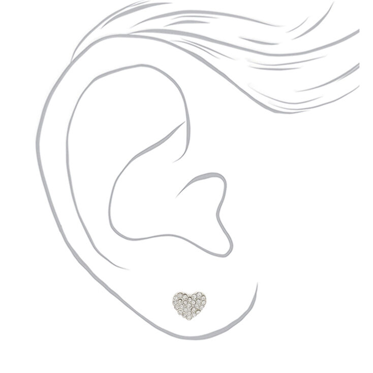 Silver Crystal Heart Stud Earrings,