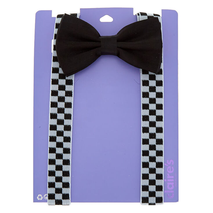 Chequered Suspenders and Bow Set - Black,