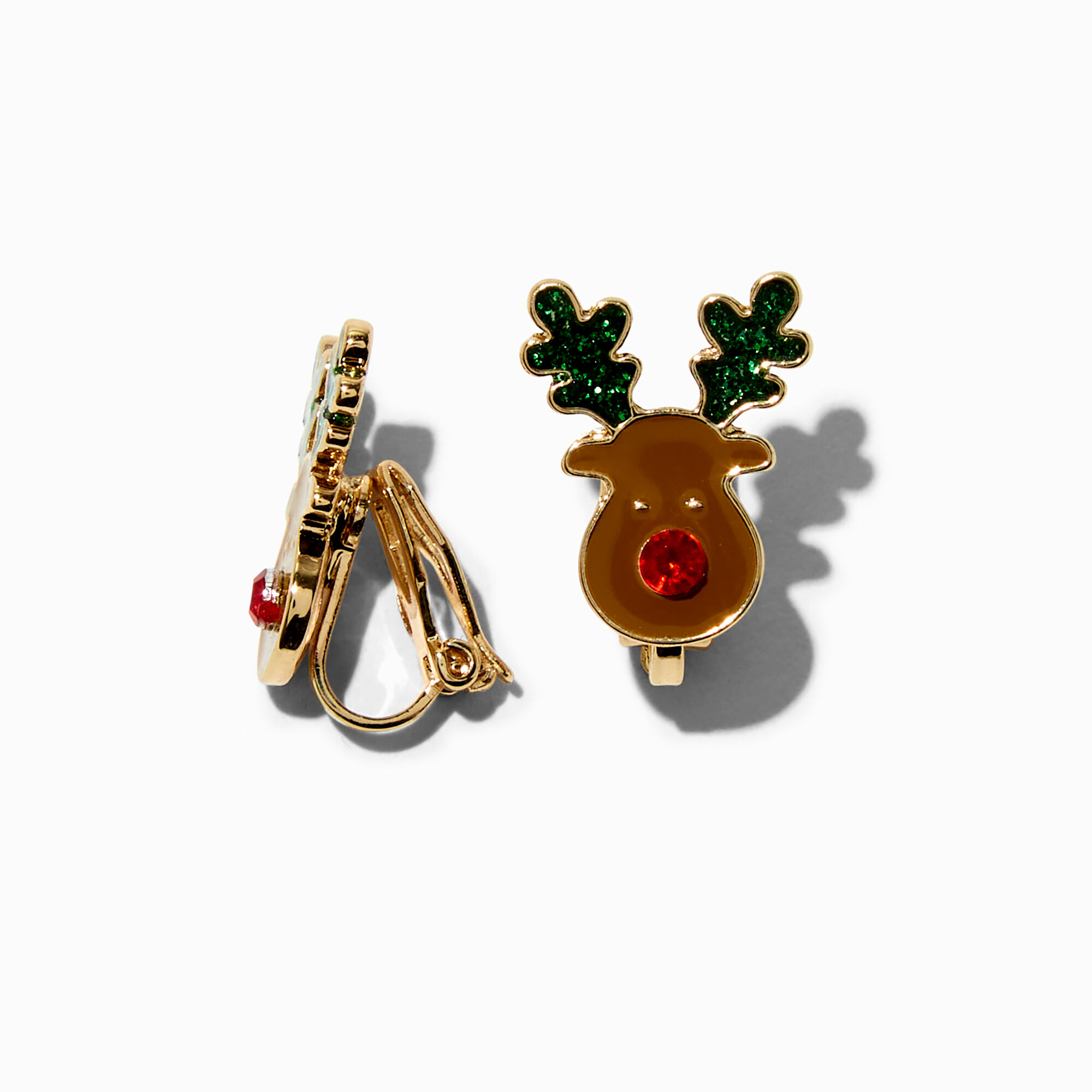 Gemstone Reindeer Clip-On Stud Earrings,