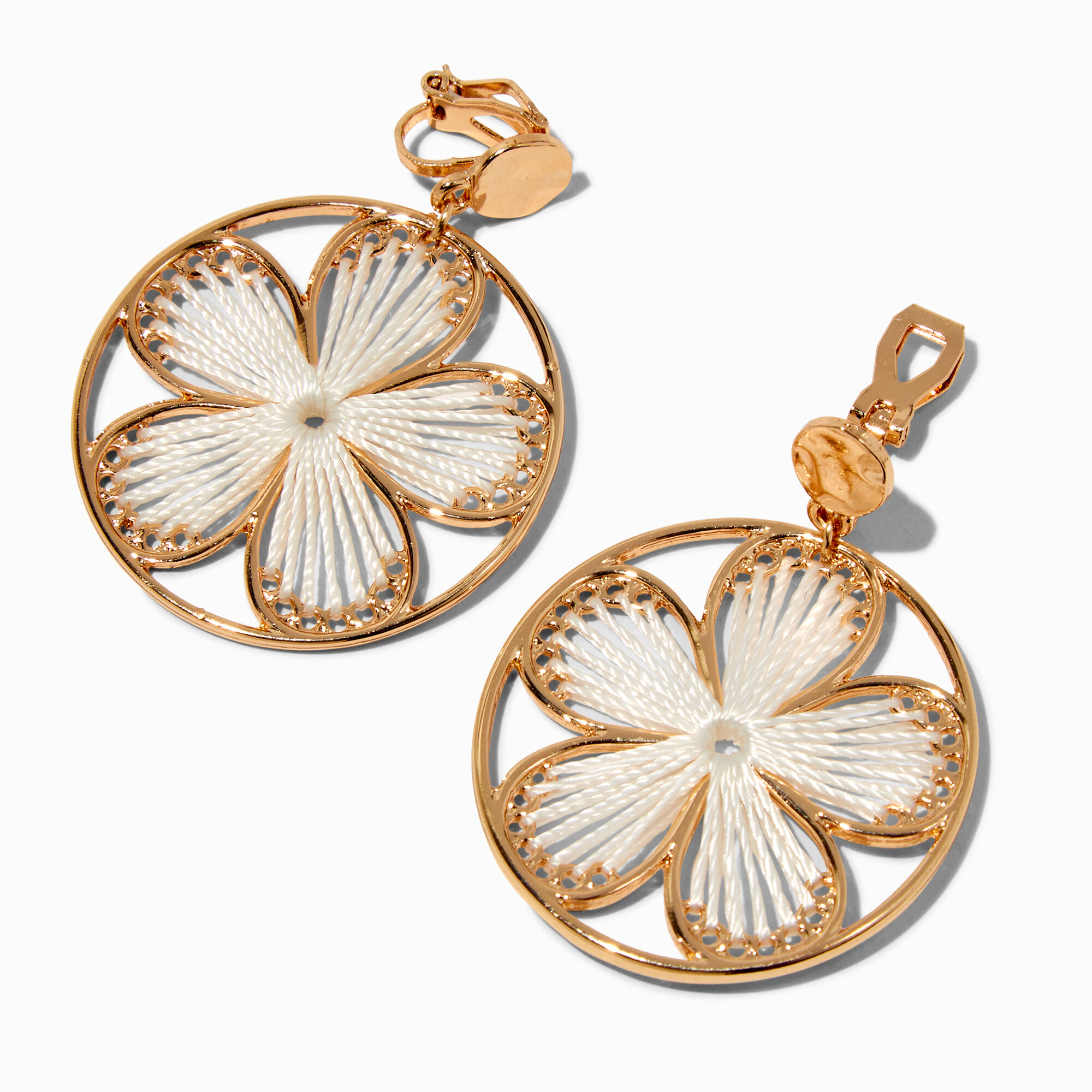 View Claires Tone Raffia Flower Disc 3 ClipOn Drop Earrings Gold information