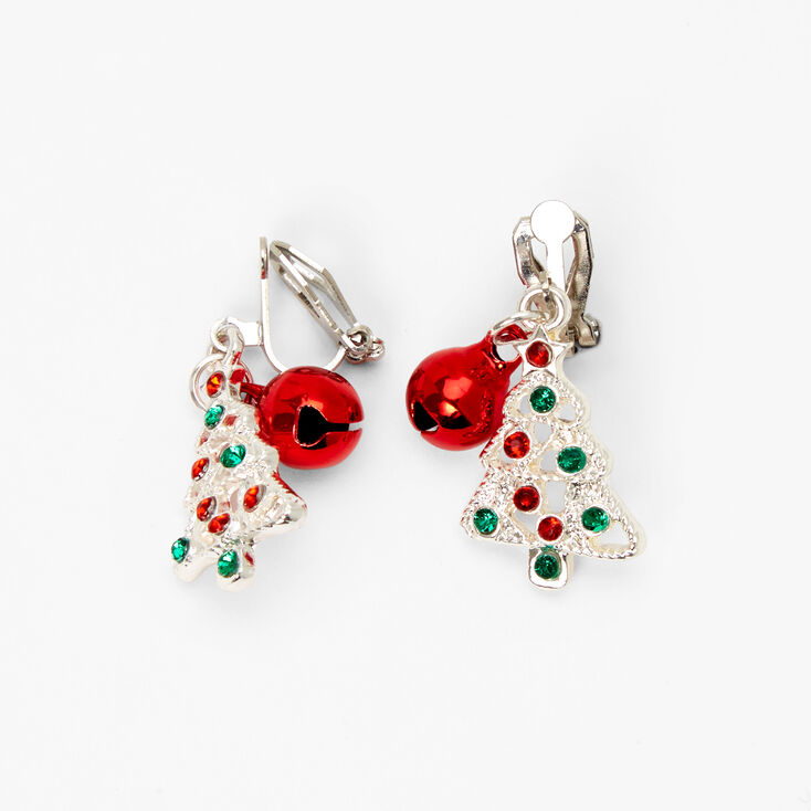 Silver 1&quot; Holiday Tree Bells Clip On Drop Earrings,