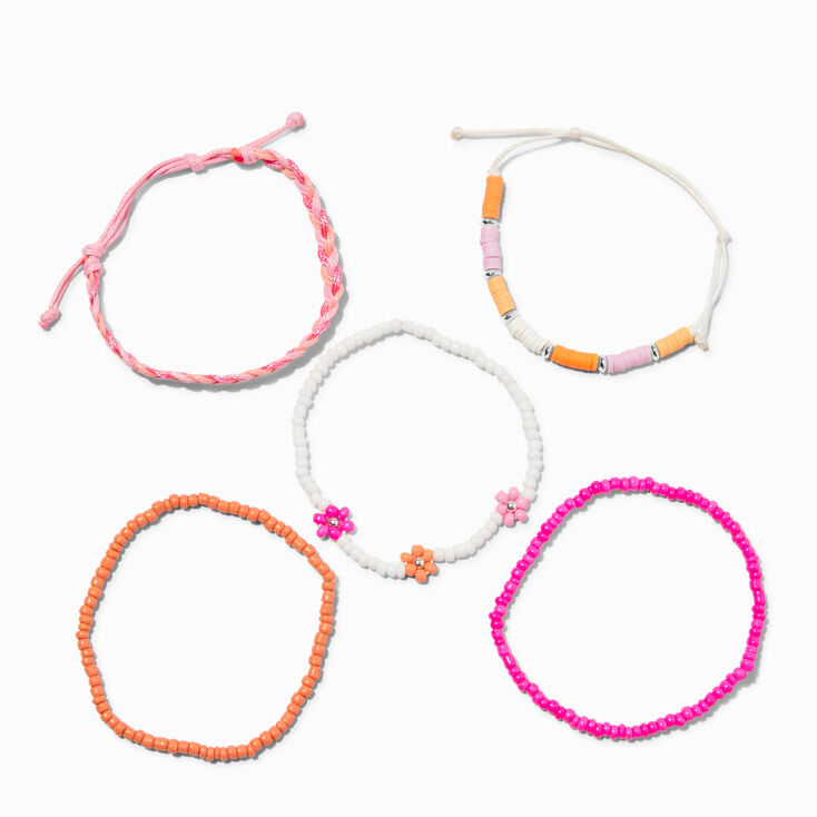 Mixed Pink Floral Beaded Bracelet Set - 5 Pack