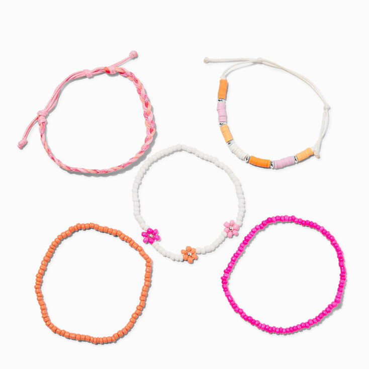 Mixed Pink Floral Beaded Bracelet Set - 5 Pack ,