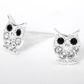 Sterling Silver Crystal Owl Stud Earrings,