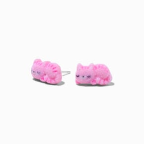 Pink Fuzzy Cat Sterling Silver Post Stud Earrings,