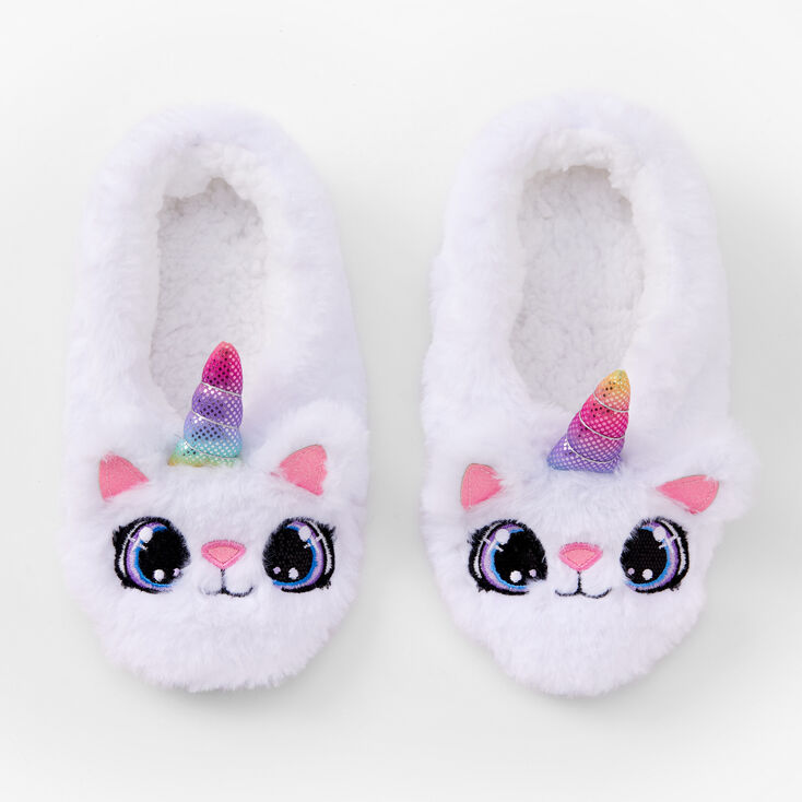 Chaussons en peluche chat-licorne blancs pour enfants - L/XL,