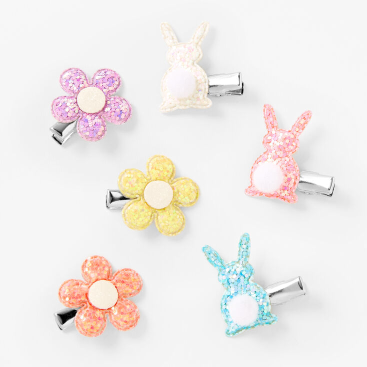 Easter Bunny &amp; Glitter Flower Hair Clips - 6 Pack,