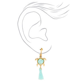 Gold 1.5&quot; Turtle Tassel Clip-On Drop Earrings - Mint,