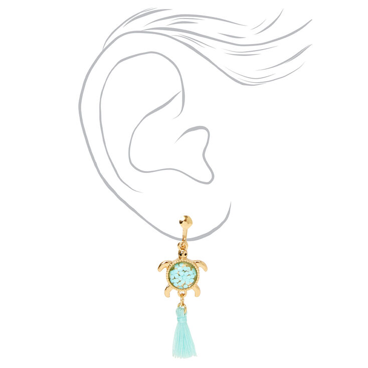 Gold 1.5&quot; Turtle Tassel Clip-On Drop Earrings - Mint,