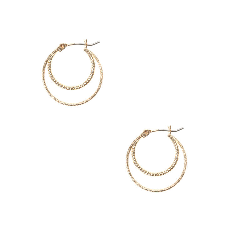 Gold Laser Cut and Hammered Double Circle Hoop Earrings | Claire's US