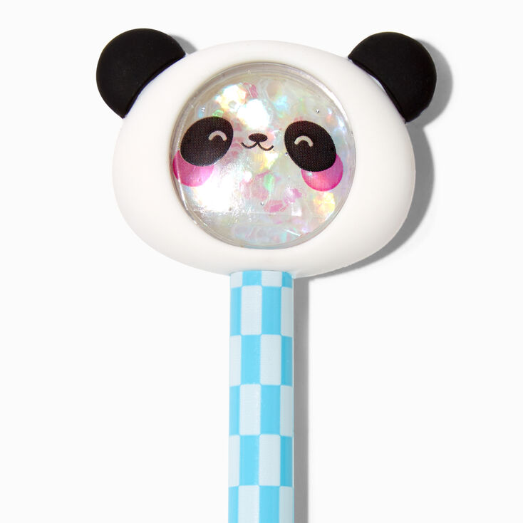 Stylo &agrave; paillettes mobiles panda bleu &agrave; carreaux,