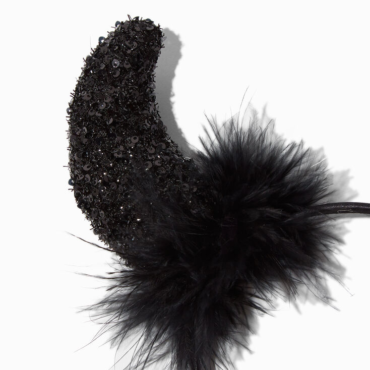Black Devil Horns Feather &amp; Sequin Headband,