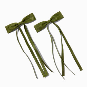 Green Grosgrain Ribbon Long Tail Hair Bow Clips - 2 Pack,