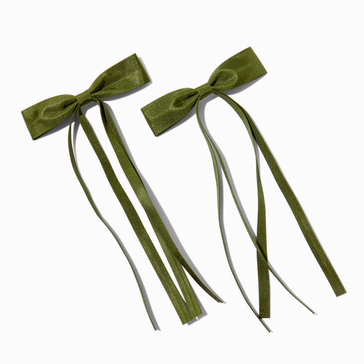 Green Grosgrain Ribbon Long Tail Hair Bow Clips - 2 Pack,