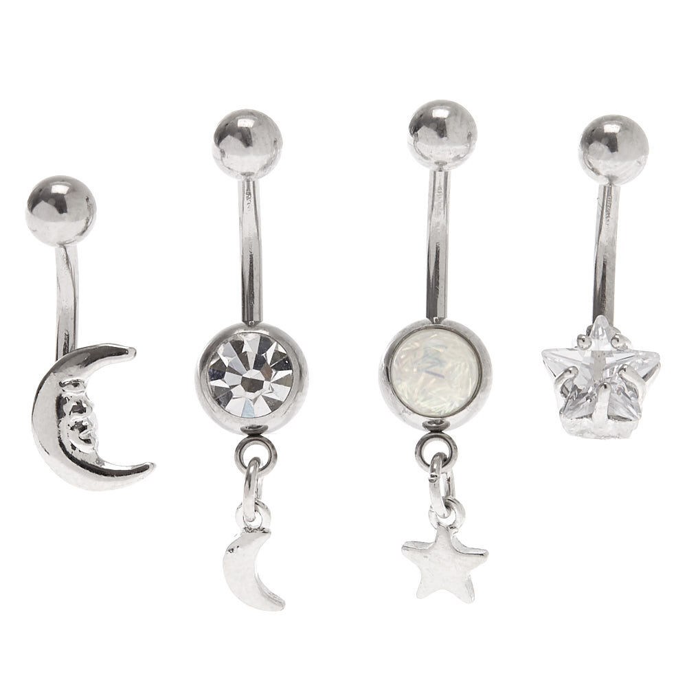 Silver Cubic Zirconia 14G Celestial Belly Rings - 4 Pack,