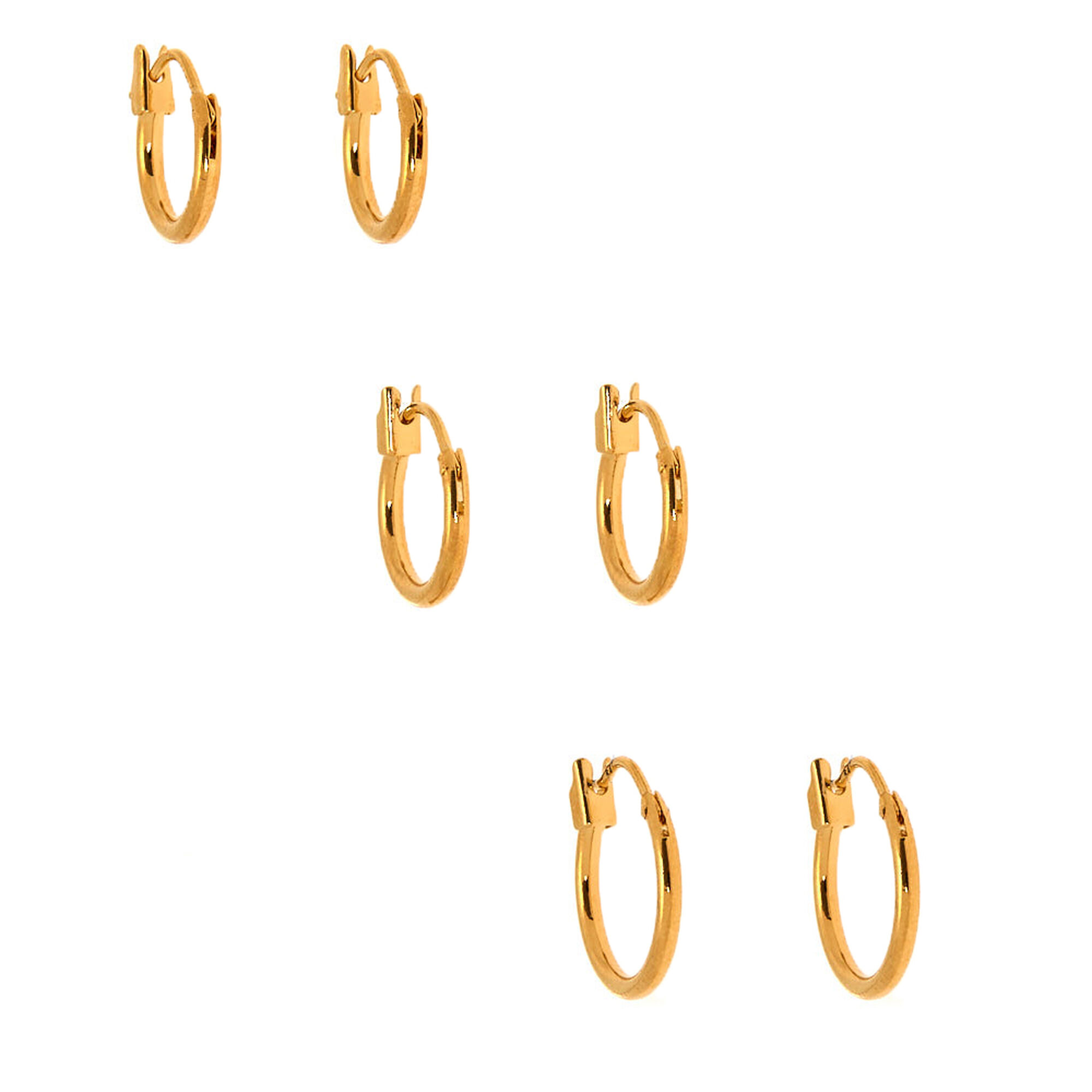 View Claires 18Ct Plated Hinged Hoop Earrings 3 Pack Gold information